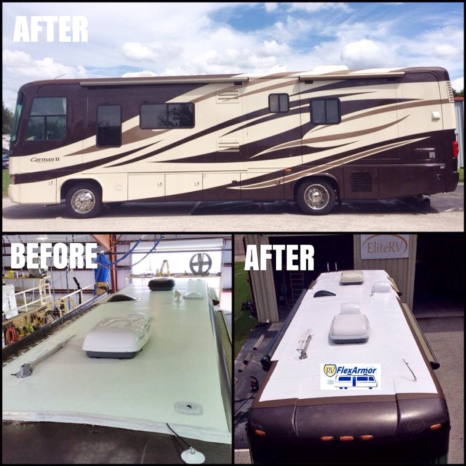 Cayman XI motorhome before and after FlexArmor roof coating at EliteRV Palmetto FL