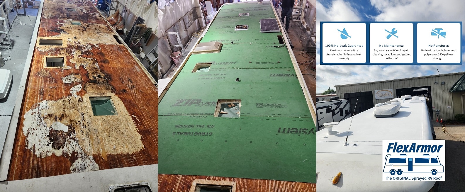 FlexArmor RV roof coating before and after — rotted decking restored with seamless coating at EliteRV Palmetto FL