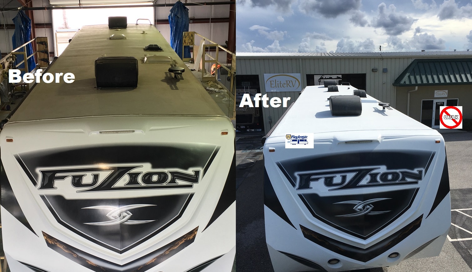 Keystone Fuzion 40ft fifth wheel before and after FlexArmor roof coating at EliteRV Palmetto FL