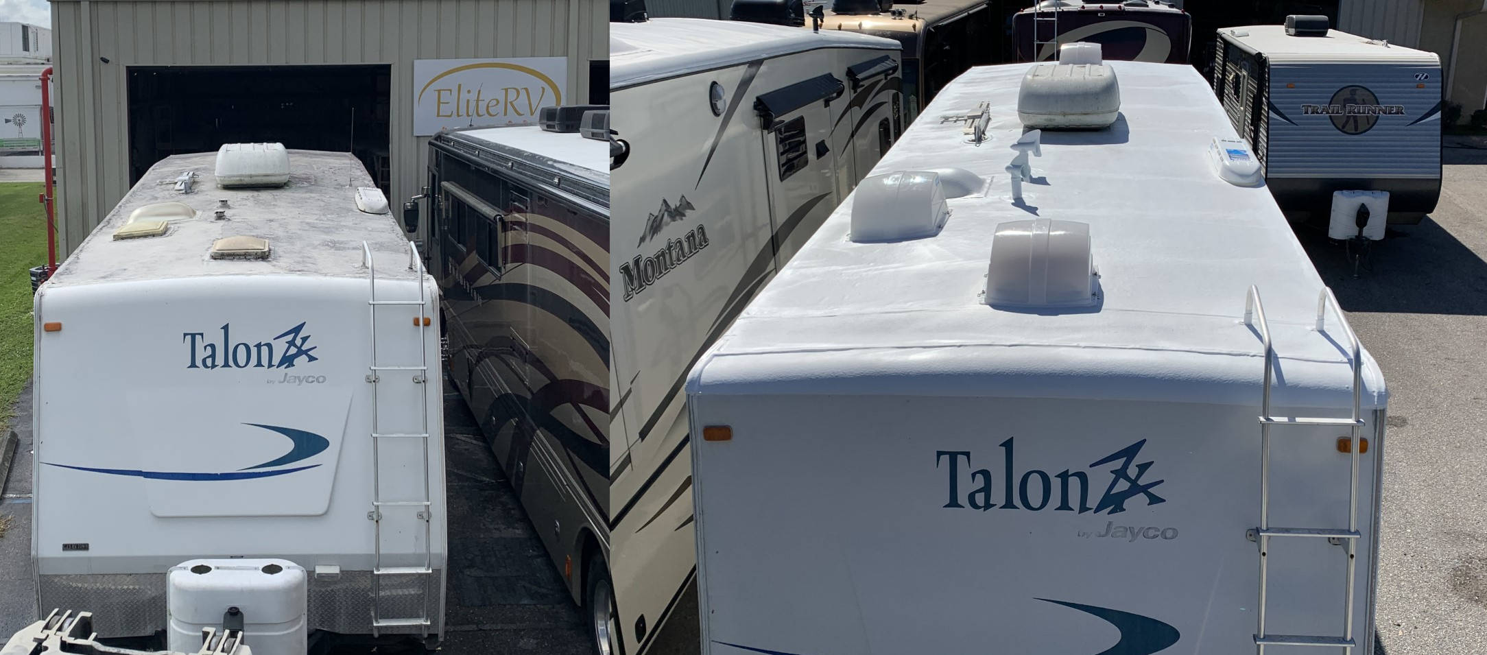 2003 Jayco Talon before and after FlexArmor roof coating at EliteRV Palmetto FL