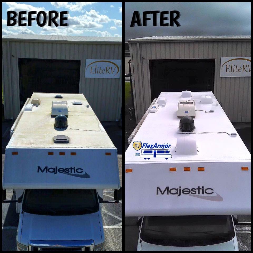 Majestic travel trailer before and after FlexArmor roof coating at EliteRV Palmetto FL