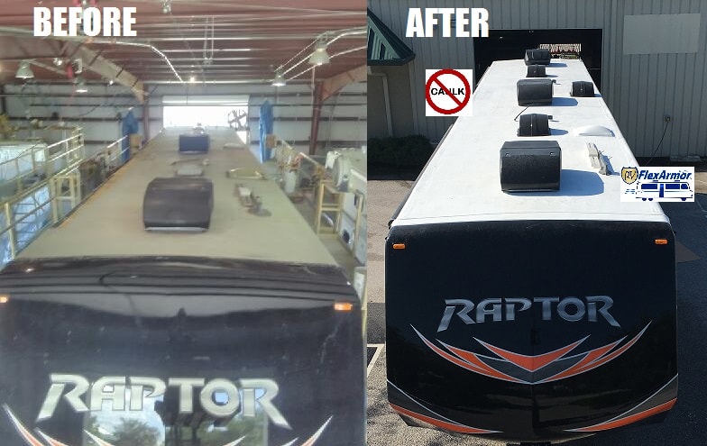 Keystone Raptor before and after FlexArmor roof coating at EliteRV Palmetto FL