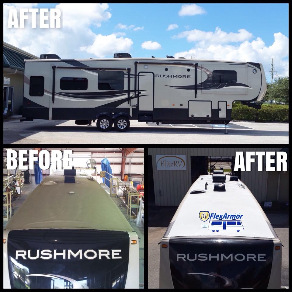 Rushmore fifth wheel before and after FlexArmor roof coating at EliteRV Palmetto FL