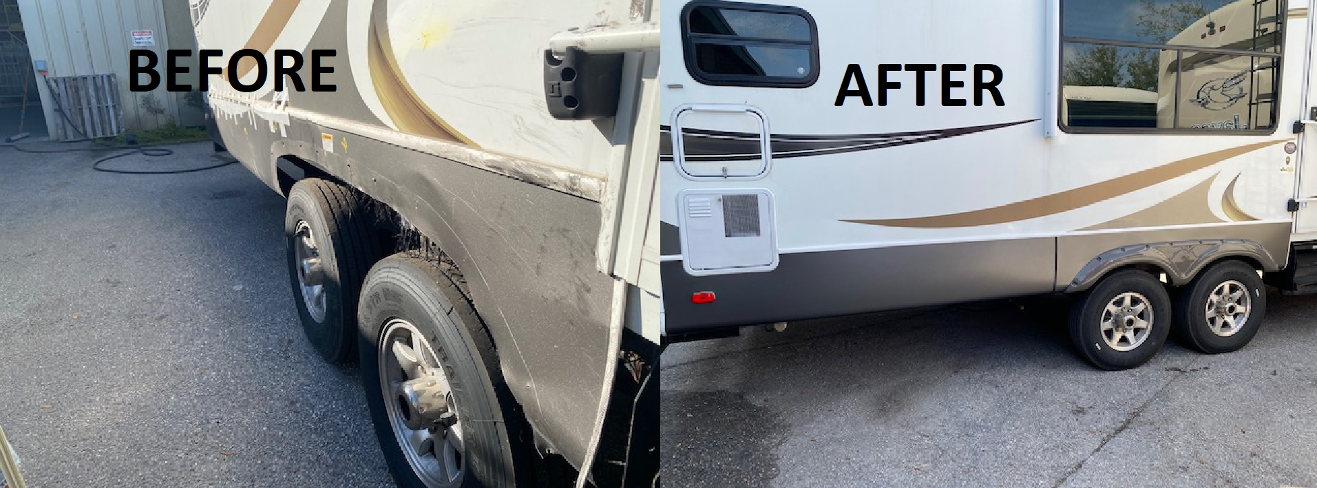RV tire blowout sidewall damage before and after repair at EliteRV Palmetto FL