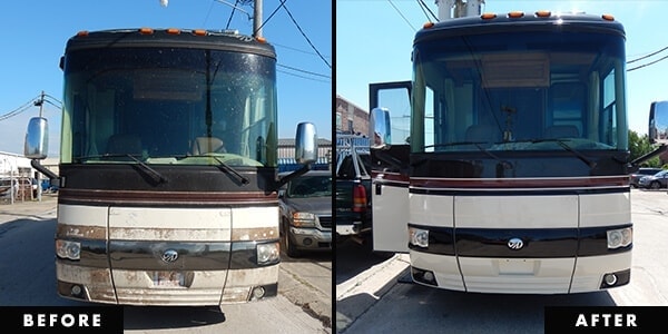 Class A motorhome before and after paint and collision repair at EliteRV Palmetto FL — full exterior restoration