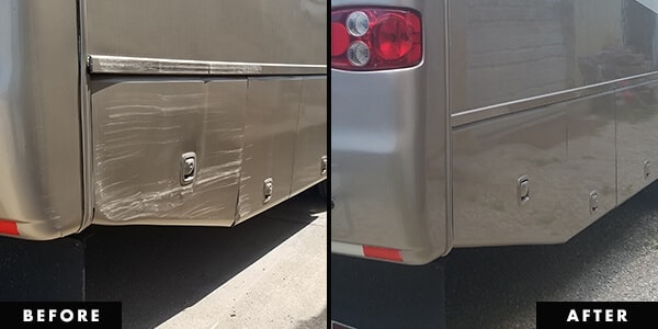 RV rear panel collision damage before and after repair at EliteRV Palmetto FL — paint matched to factory finish