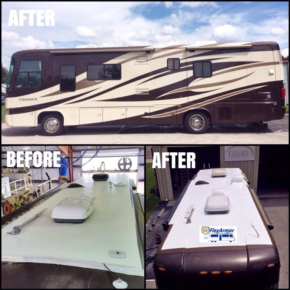 Cayman XI Class A motorhome FlexArmor roof before and after installation at EliteRV Palmetto FL
