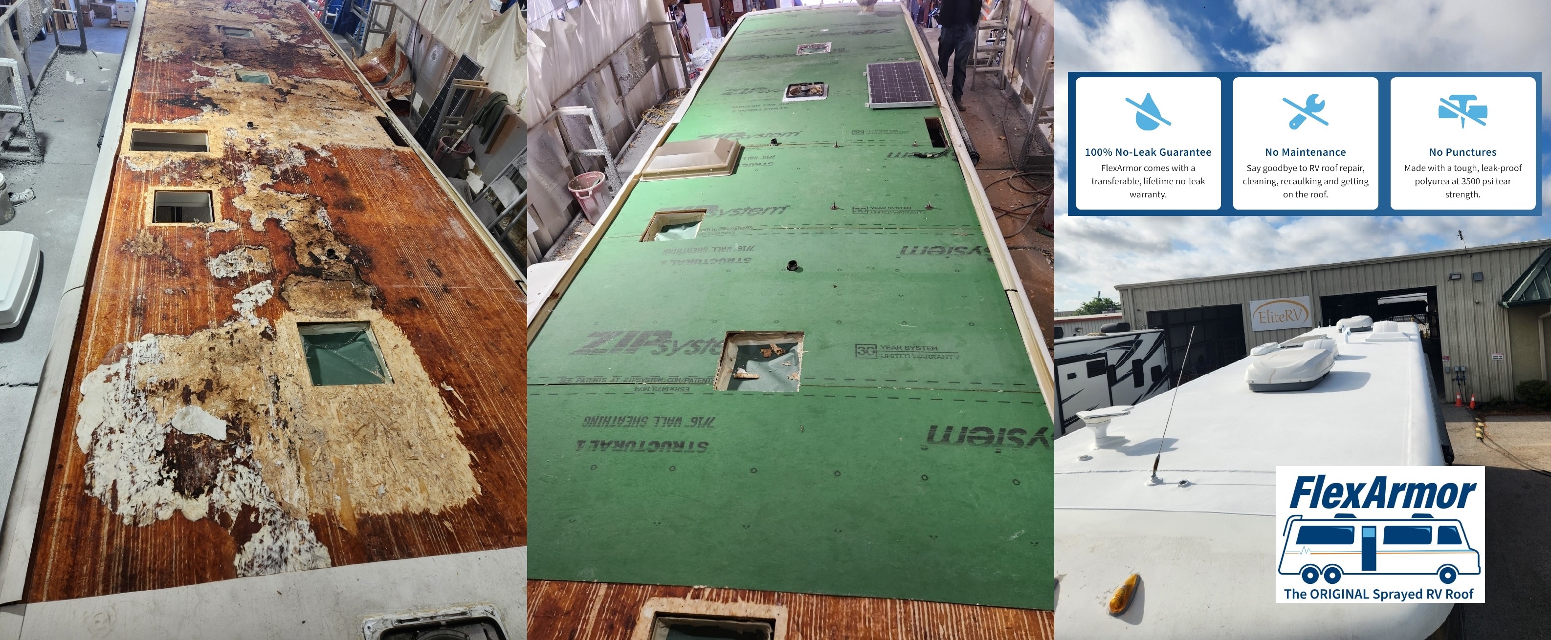 FlexArmor RV roof before and after — seamless coating applied over deteriorated rubber roof at EliteRV Palmetto FL