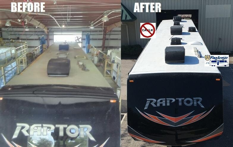 Keystone Raptor fifth wheel before and after FlexArmor roof installation at EliteRV Palmetto FL